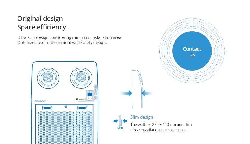 This image displays the Ecover product design, featuring its ultra-slim profile and easy installation capability. Additionally, it includes a 'Contact US' descriptor, directing to the contact page.